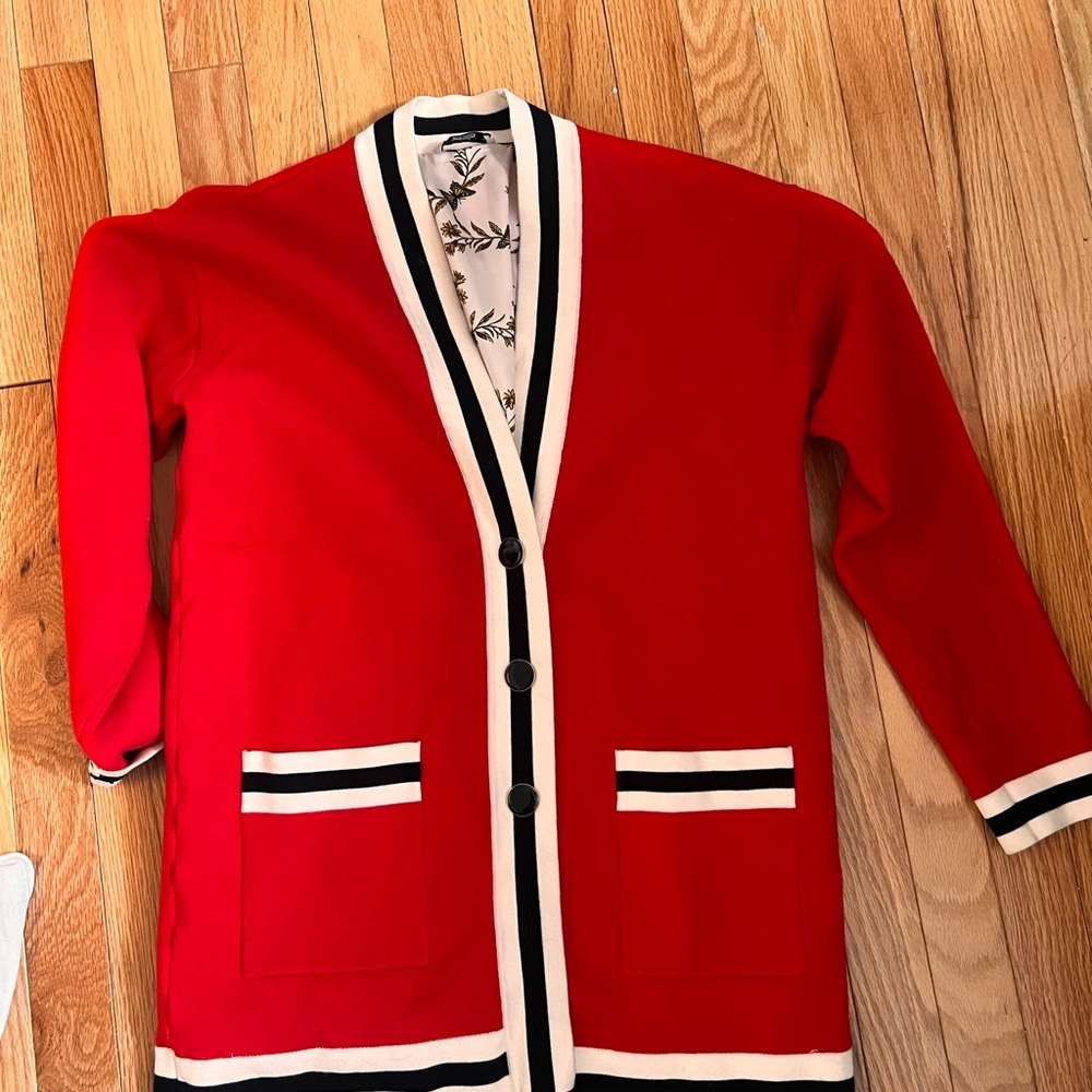 Sandro Red Cardigan with Black and White trim